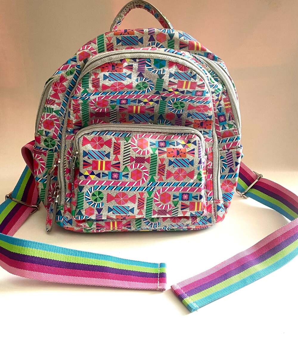 Bari Lynn Candy Print Glitter Mini Backpack with Rainbow Striped Straps